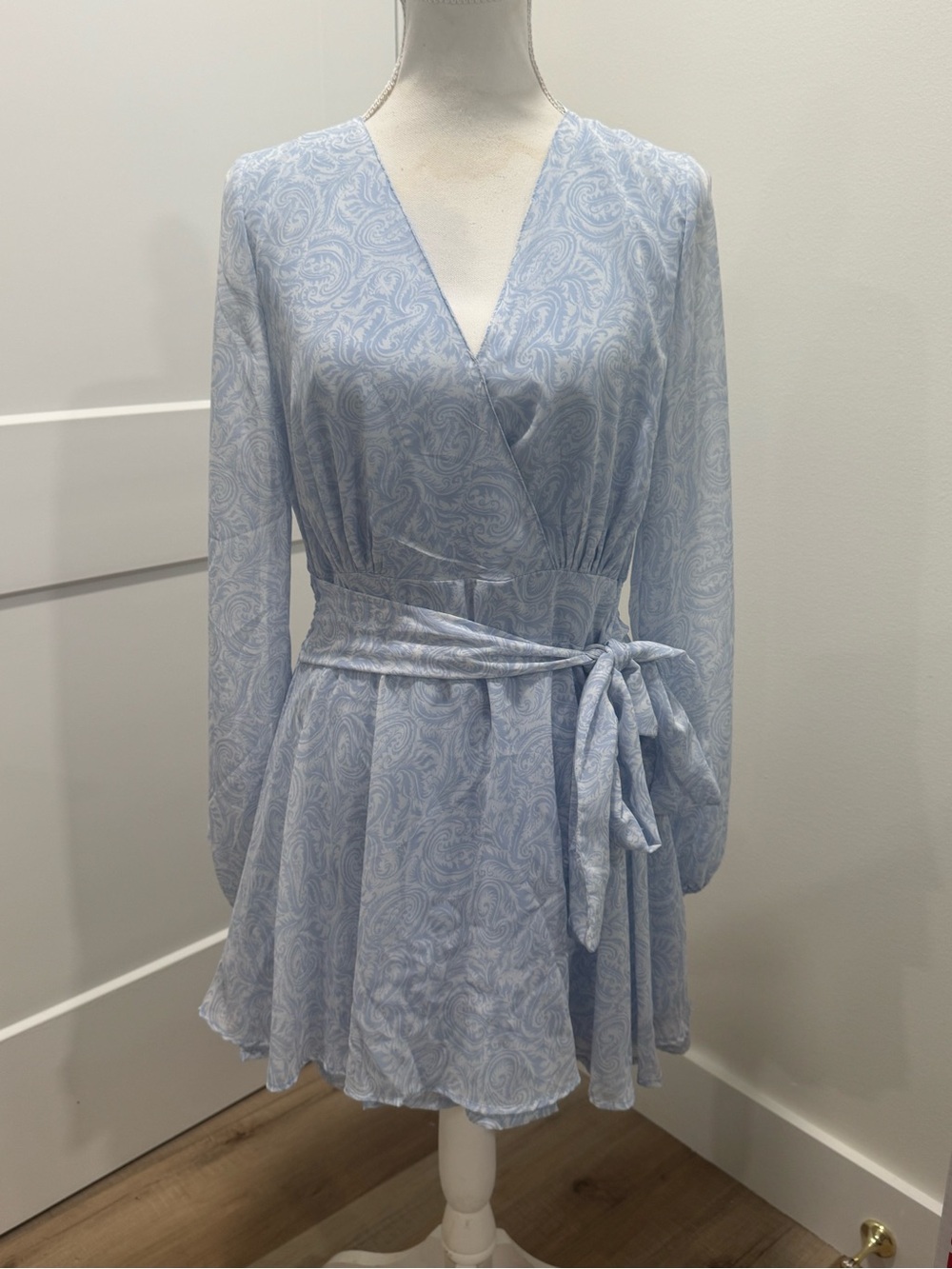 Japna Light Blue Paisley Wrap Mini Dress with Self Tie Waist